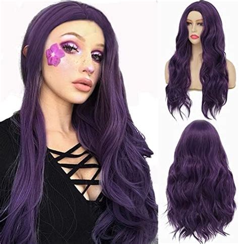 Tseses Long Purple Curly Wavy Wigs For Women Natural Middle Part Wigs Synthetic Hair