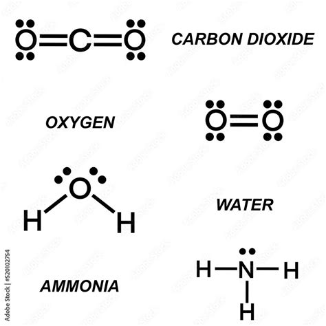 Lewis Structures of carbon dioxide, oxygen, water, and ammonia Stock ...