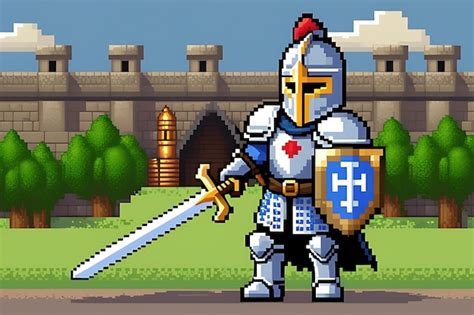 Un Caballero De Arte Pixel Con Casco Espada Y Escudo Foto Premium