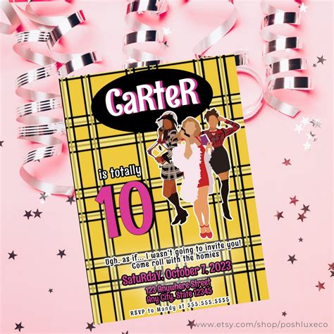 Clueless Birthday Party Invitation Editable Pink Yellow Plaid Etsy