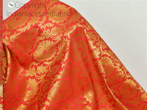 Indian Brocade Fabric By The Yard Banarasi Coral Red Gold Etsy