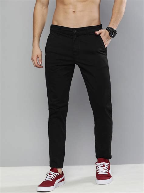 Buy Hereandnow Men Black Slim Fit Solid Mid Rise Chinos Trousers For