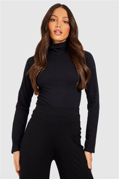 Womens Black Tall Basic Cotton Blend Roll Neck Longsleeve Bodysuit