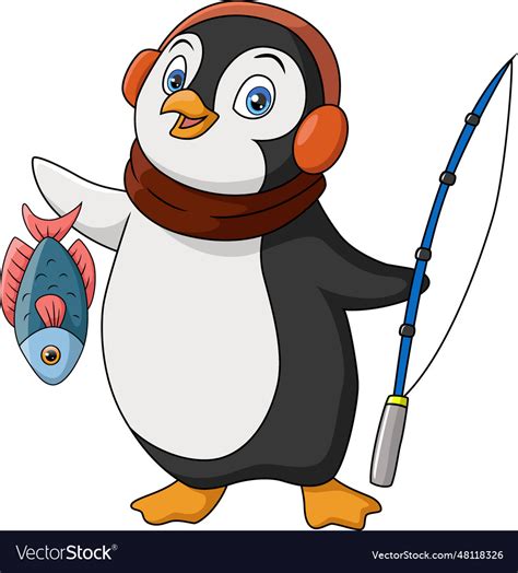 Cute Penguin Fishing On White Background Vector Image