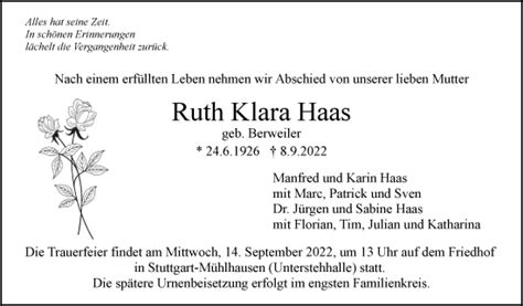 Traueranzeigen Von Ruth Klara Haas Stuttgart Gedenkt De