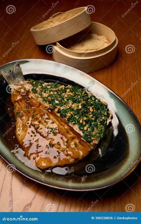 Roasted Sea Bass Fish With Sweet Sauce Top View Stock Photo Image