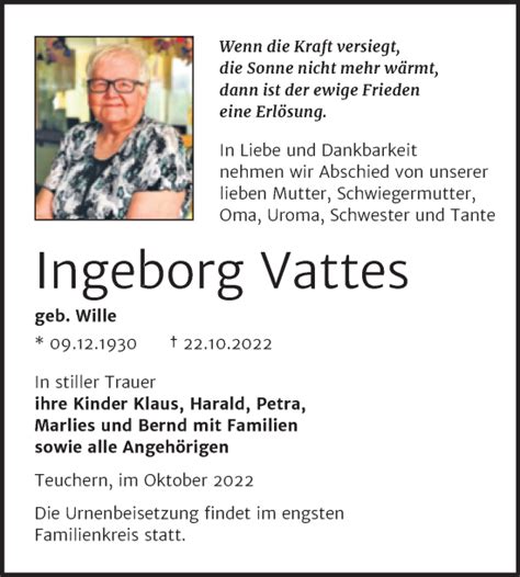 Traueranzeigen Von Ingeborg Vattes Abschied Nehmen De