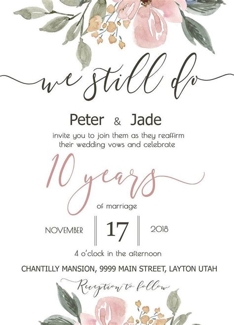 Custom Watercolor Flowers 10th Anniversary Invitation Anniversary