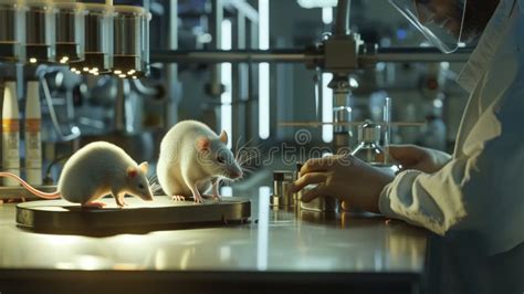 A Chemist In A Lab Coat Conducts A Scientific Experiment On White Rats