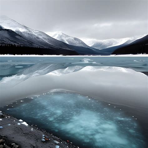 Shiny Winter Lake At Foot Of Mountains Holes In The Icy Surface