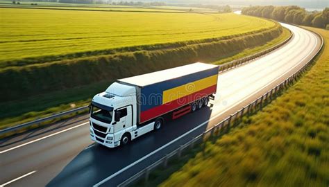 Romania-flagged Truck Hauls Cargo on Highway at Sunrise. Trailer with ...