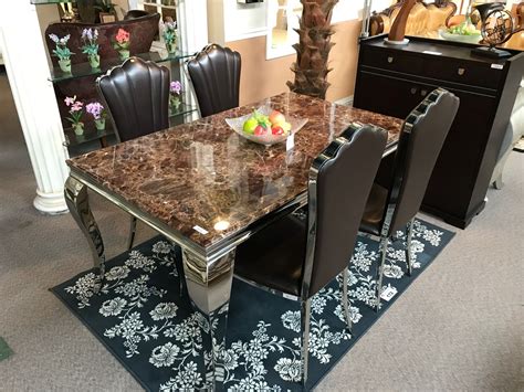 Brown Marble Top Chrome Base Dining Table With 4 Leather And Chrome