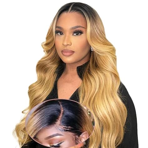 Amazon FTQZKEY Ombre Blonde Lace Front Wigs For Women 13x4 Black