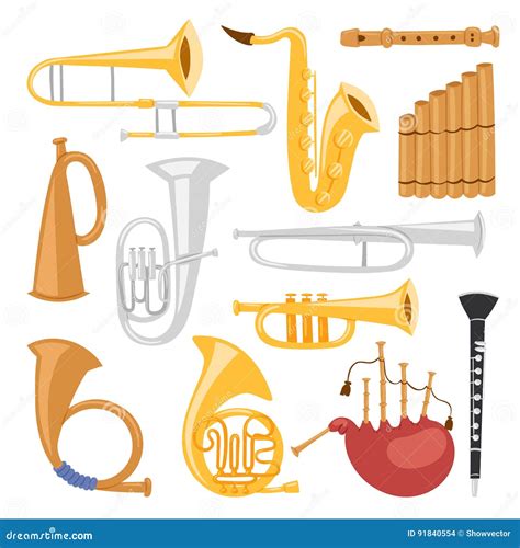 Wind Musical Instruments Tools Isolated On White Background Acoustic