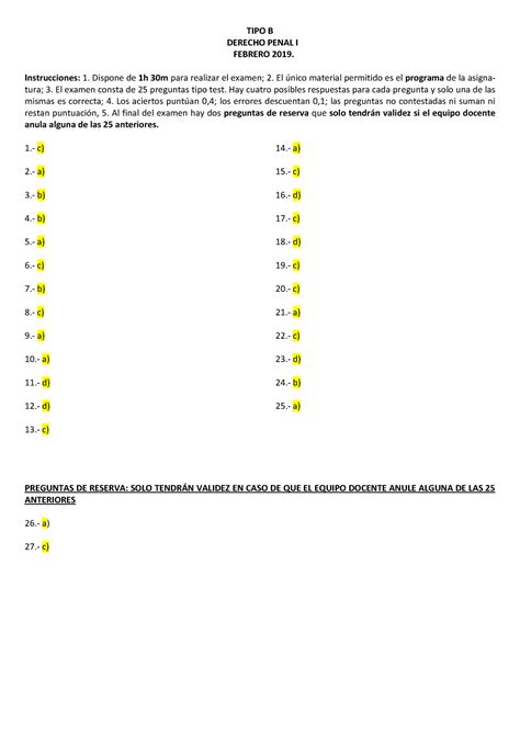 Examen 12 Febrero 2019 Respuestas TIPO B DERECHO PENAL I FEBRERO