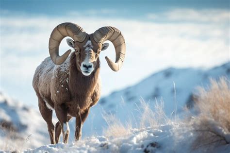 Premium Ai Image A Ram Standing On A Snowy Hill With A Mountain In