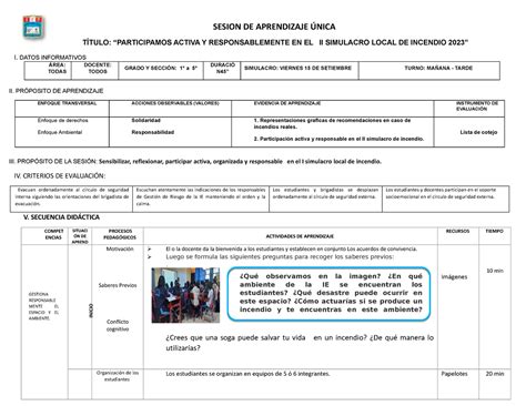 II Simulacro Contra Incendio SESION DE APRENDIZAJE ÚNICA TÍTULO