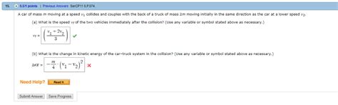 Solved A Car Of Mass M Moving At A Speed V1 Collides And