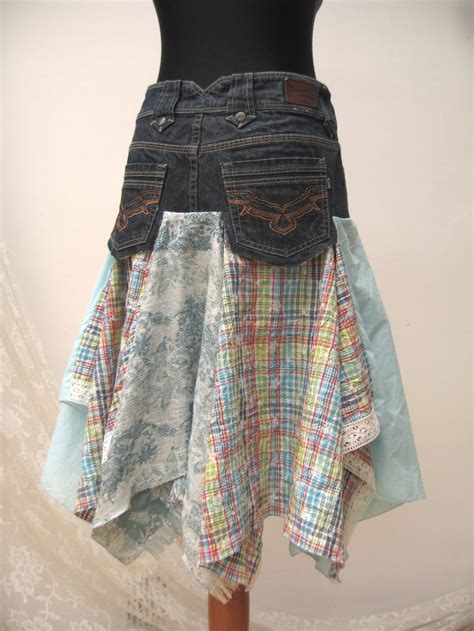 Denim Festival Folk Midi Skirt Boho Upcycled Skirt Gypsy Skirt Denim