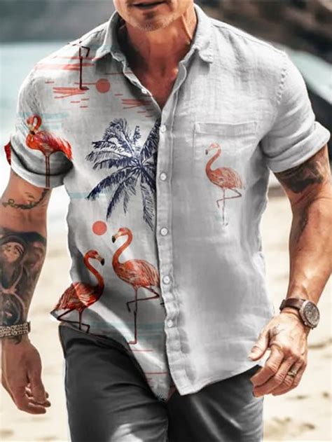 Herren Hemd Hawaiihemd Sommerhemd Flamingo Kokosnussbaum Grafik Drucke