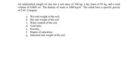 Solved An Undisturbed Sample Of Clay Has A Wet Mass Of 100 Chegg