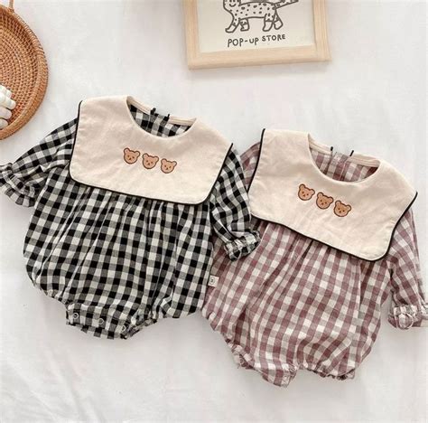 Teddybear baby romper , gingham baby clothes bodysuit, warm cosy autumn ...