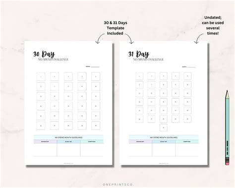 No Spend Challenge Printable 30 31 Days Spending Tracker Monthly