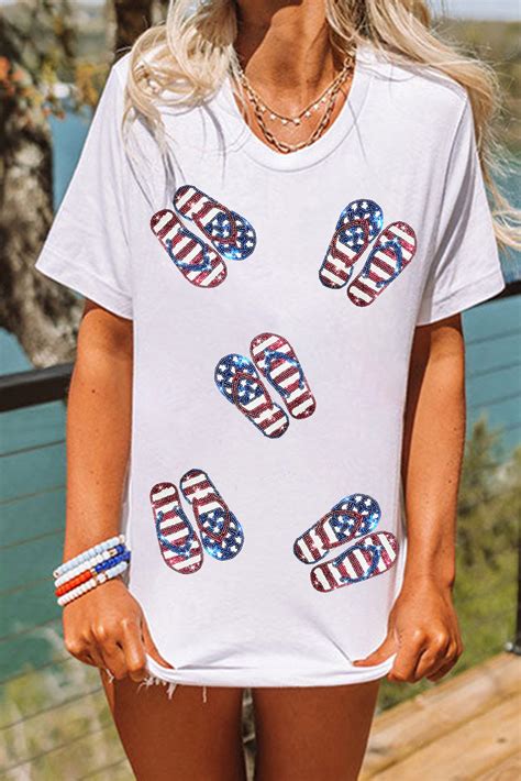 White Sequin American Flag Slipper Shape Graphic T Shirt