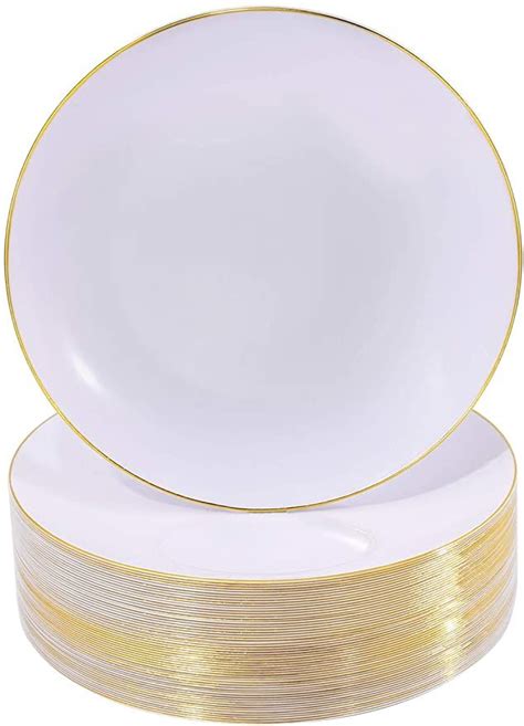 Amazon NERVURE 100 Pieces White With Gold Rim Plastic Plates 10