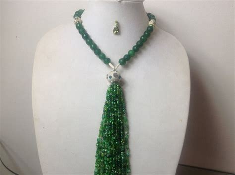 Beautiful Emerald Green Jade Bead Necklace Set Nigerian