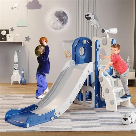 SEEUTEK 5 ft. Blue and Gray 6-in-1 Astronaut Toddler Slide Kids Indoor ...