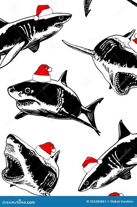 Graphical Vertical Design With Sharks In Santa Claus Hats Vector