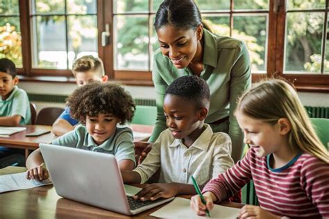 A teacher with students in a classroom helps in a lesson | Premium AI ...