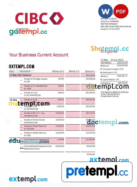 CIBC Bank Company Checking Account Statement Word And PDF Template