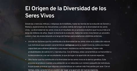 El Origen De La Diversidad De Los Seres Vivos