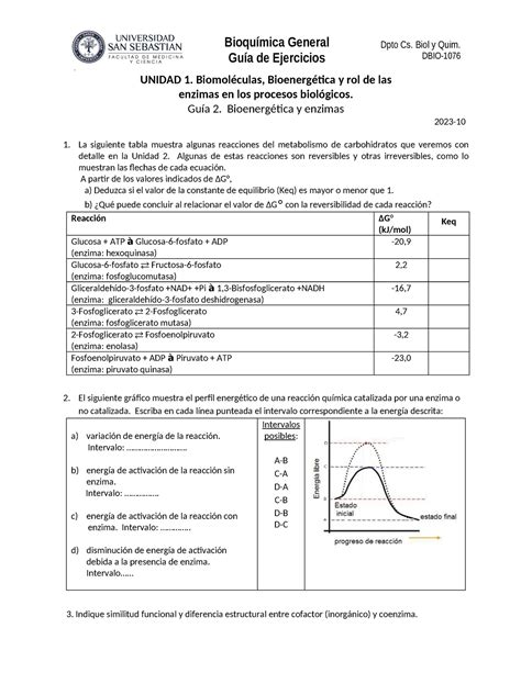 DBIO 1076 2023 10 Guia ejercicios 2 Unidad 1 1 Bioquímica General