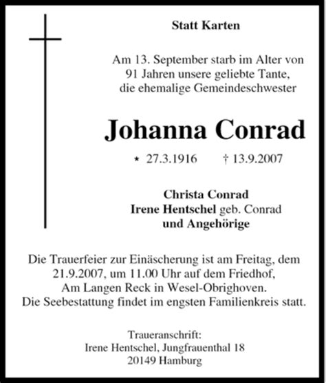 Traueranzeigen Von Johanna Conrad Trauer In Nrw De