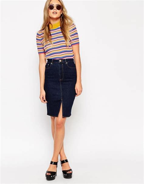 Asos Denim Split Front Midi Pencil Skirt In Indigo At Midi Skirt Pencil Skirts