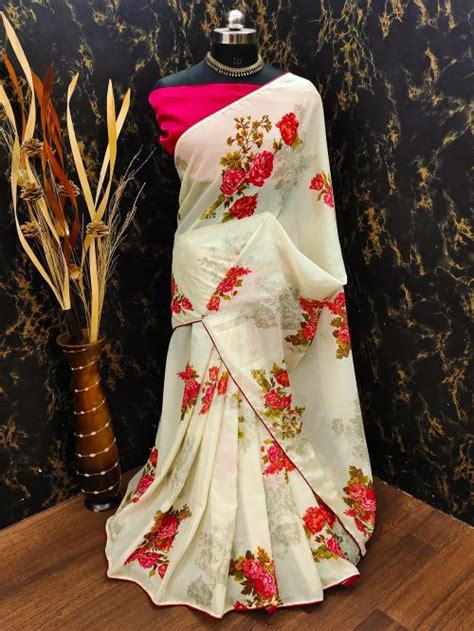 Buy AVANSHEE Floral Print Bollywood Chiffon Saree Yellow Online At