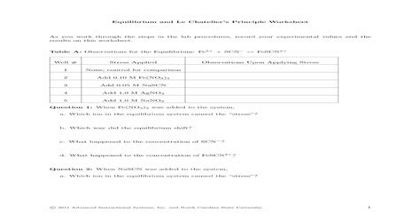 Equilibrium And Le Chateliers Principle Worksheet And Le Chateliers