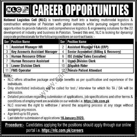 National Logistics Cell NLC Jobs January 2023