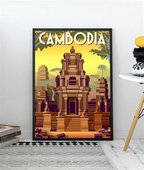 Cambodia Angkor Wat Retro Travel Illustration Poster Digital Etsy