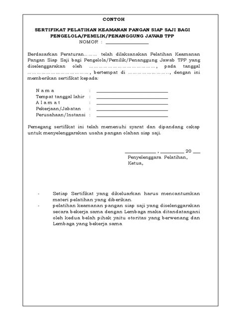 Contoh Sertifikat Pelatihan Keamanan Pangan Pdf