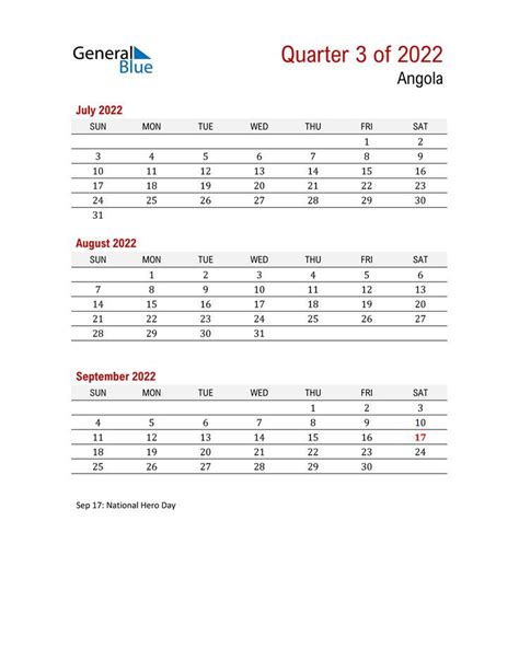 Free Quarterly Calendar For Angola With Holidays Holiday Calendars In