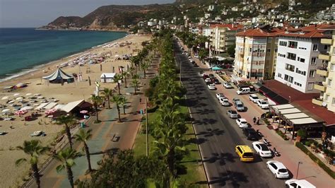 Kleopatra Beach in Alanya, Turkey. Drone view coast line long beach ...