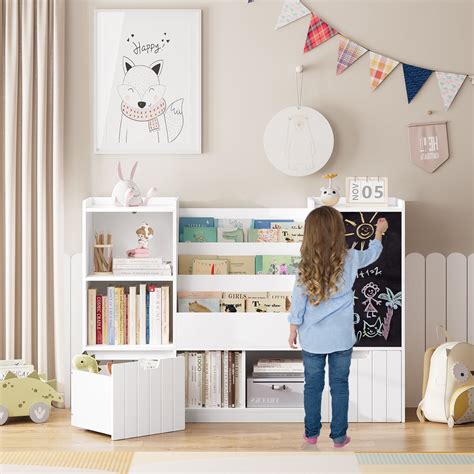 Homfa Kids Bookshelf With Blackboard Nursery Bookcase With Cubby And