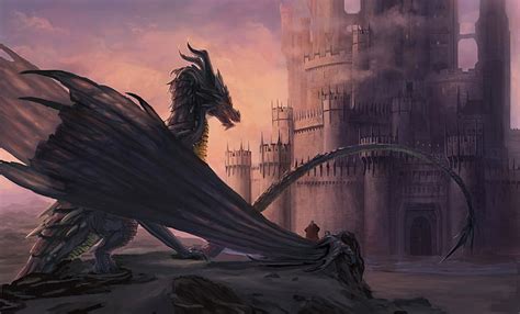 HD wallpaper: dragon, castle, fantasy art, artwork, sky, nature, bird ...