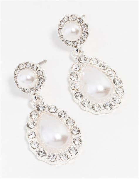 Silver Diamante Encased Pearl Drop Earrings Lovisa