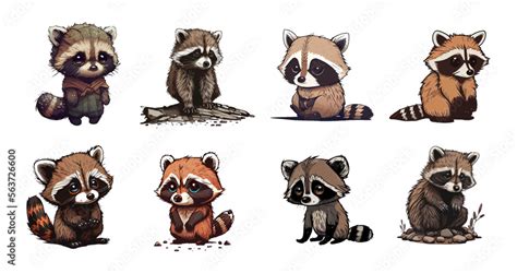 Set Of Cute Cartoon Raccoons Collection Of Cute Sad Raccoons Emotion