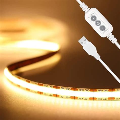 Ruban Led Cob Usb 5V Blanc Chaud 3000K 2M Dimmable Haute Densité